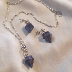 Artisan Handmade Resin Deep Dark Purple Gem Shape Necklace Earring Jewelry Set